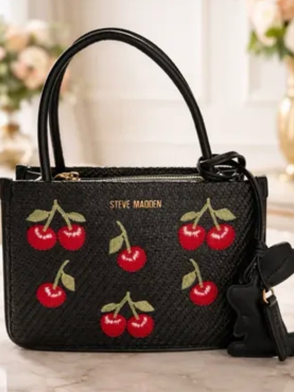 Steve Madden BCNY Cherry Embroidered Woven Crossbody Satchel Bag NWT Bunny Charm